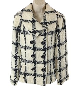 White House Black Market Black & White Checked Fuzzy Textured Pea Coat